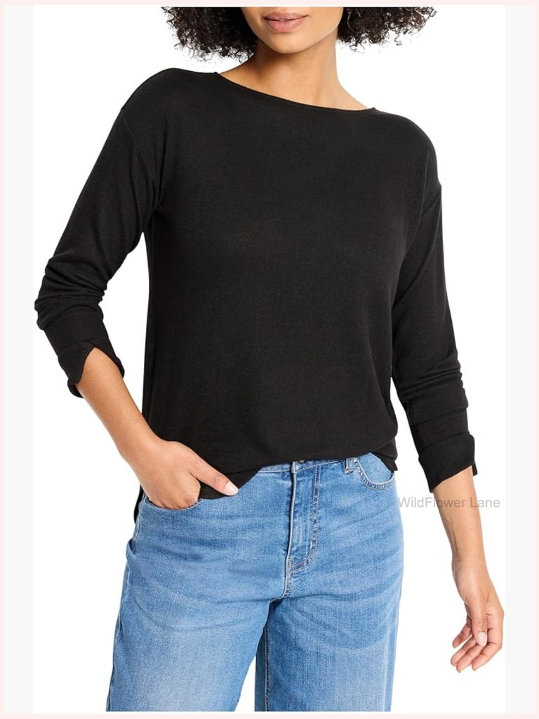 Relaxed Fit Long Sleeve Boat Neck Tee With Back Button